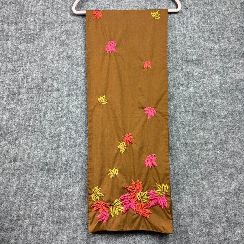 Embroidered Table Runner Brown‎ Pink Green Autumn Fall Leaves Thanksgiving Decor